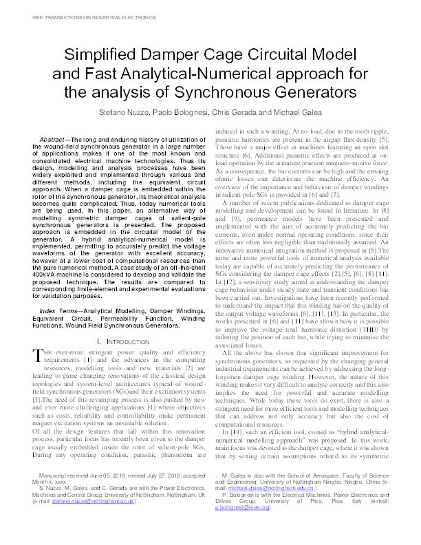 Simplified Damper Cage Circuital Model and Fast Analytical–Numerical Approach for the Analysis of Synchronous Generators Thumbnail