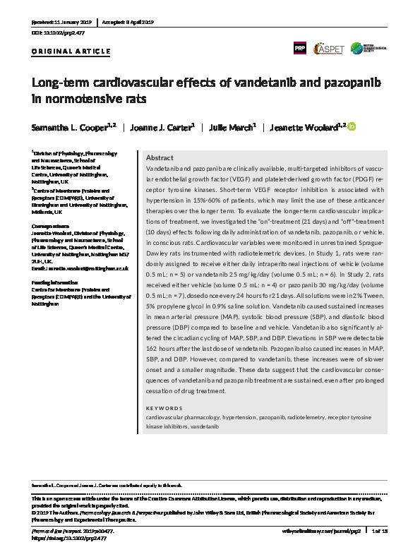 Long‐term cardiovascular effects of vandetanib and pazopanib in normotensive rats Thumbnail