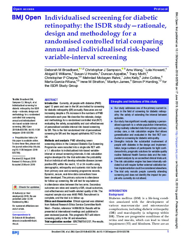 Individualised screening for diabetic retinopathy: the ISDR study—rationale, design and methodology for a randomised controlled trial comparing annual and individualised risk-based variable-interval screening Thumbnail
