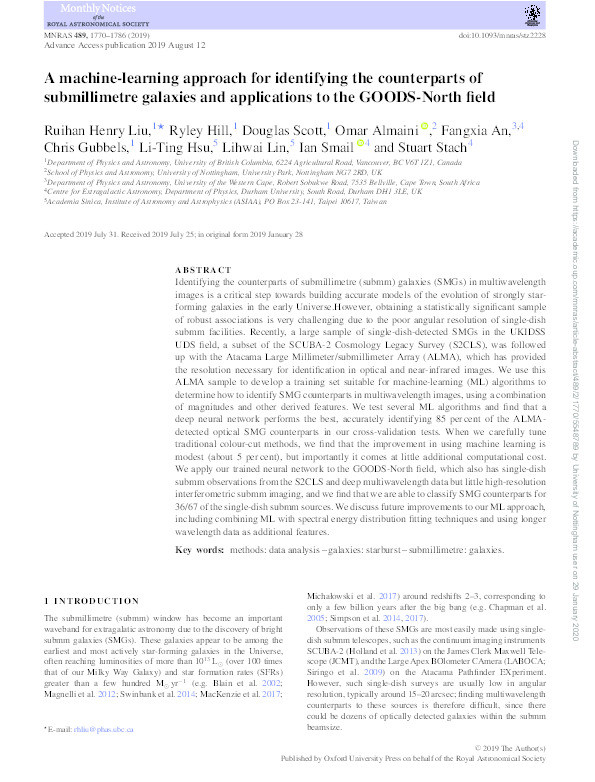 A machine-learning approach for identifying the counterparts of submillimetre galaxies and applications to the GOODS-North field Thumbnail