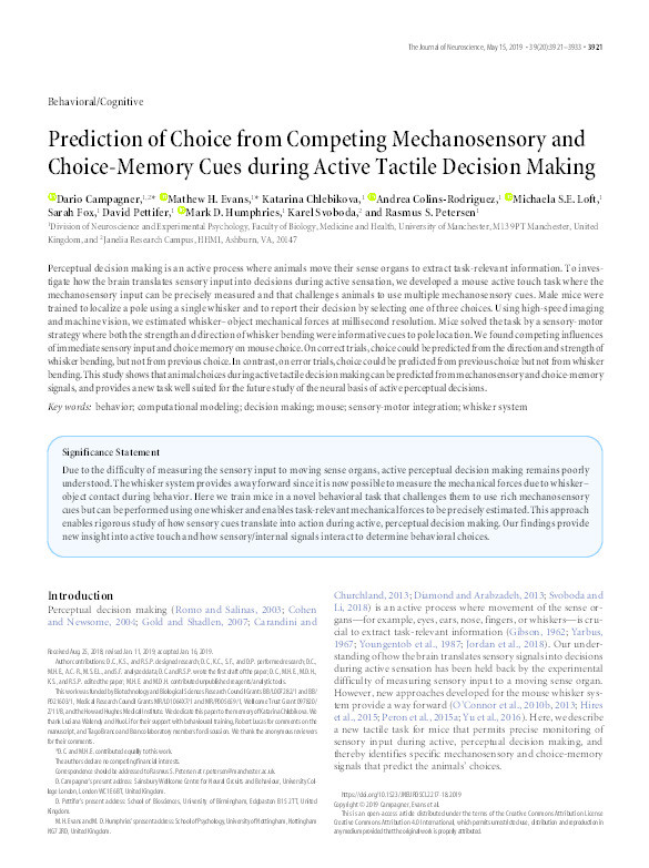 Prediction of Choice from Competing Mechanosensory and Choice-Memory Cues during Active Tactile Decision Making Thumbnail