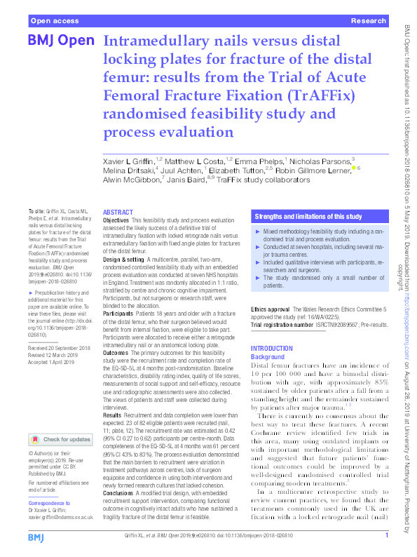 Intramedullary nails versus distal locking plates for fracture of the distal femur: results from the Trial of Acute Femoral Fracture Fixation (TrAFFix) randomised feasibility study and process evaluation Thumbnail