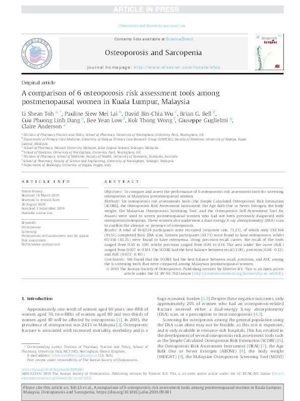 A comparison of six osteoporosis risk assessment tools among postmenopausal women in Kuala Lumpur, Malaysia Thumbnail