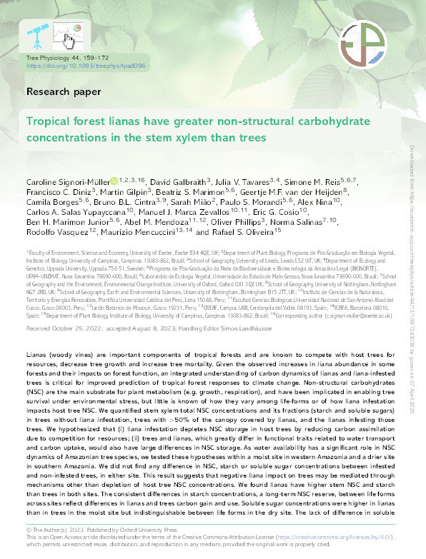 Tropical forest lianas have greater non-structural carbohydrate concentrations in the stem xylem than trees Thumbnail