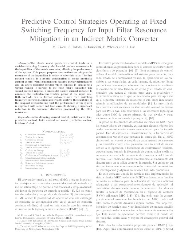 Predictive Control Strategies Operating at Fixed Switching Frequency for Input Filter Resonance Mitigation in an Indirect Matrix Converter Thumbnail