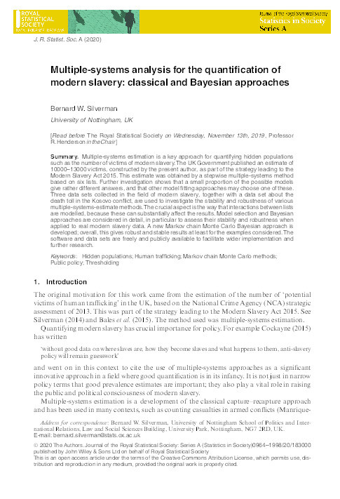 Multiple‐systems analysis for the quantification of modern slavery: classical and Bayesian approaches Thumbnail