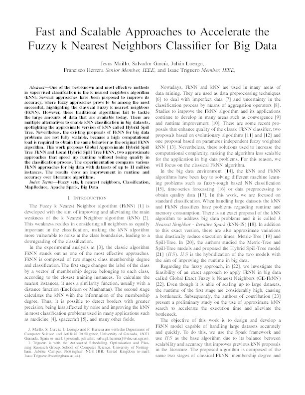 Fast and Scalable Approaches to Accelerate the Fuzzy k Nearest Neighbors Classifier for Big Data Thumbnail