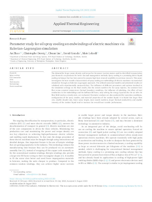 Parameter study for oil spray cooling on endwindings of electric machines via Eulerian–Lagrangian simulation Thumbnail