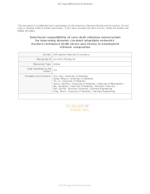 Interfacial Compatibility of Core-Shell Cellulose Nanocrystals for Improving Dynamic Covalent Adaptable Networks’ Fracture Resistance in Nanohybrid Vitrimer Composites Thumbnail