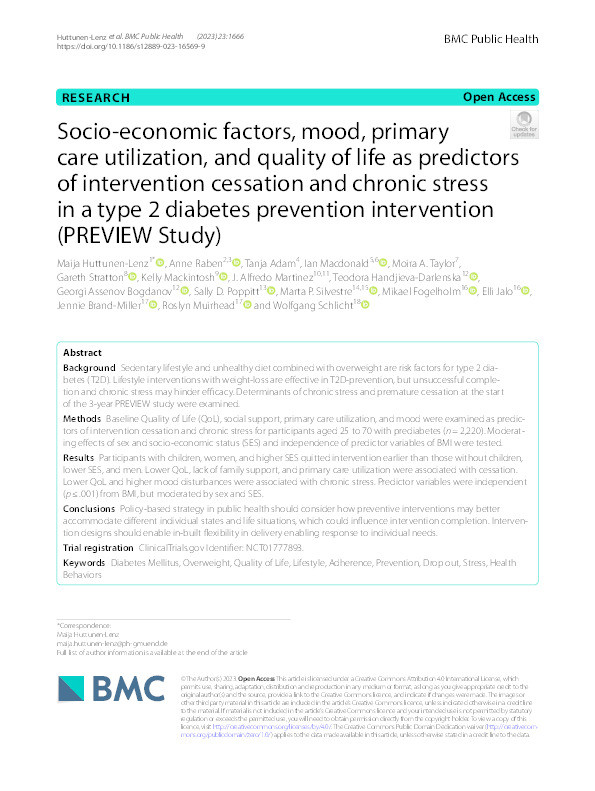 Socio-economic factors, mood, primary care utilization, and quality of life as predictors of intervention cessation and chronic stress in a type 2 diabetes prevention intervention (PREVIEW Study) Thumbnail