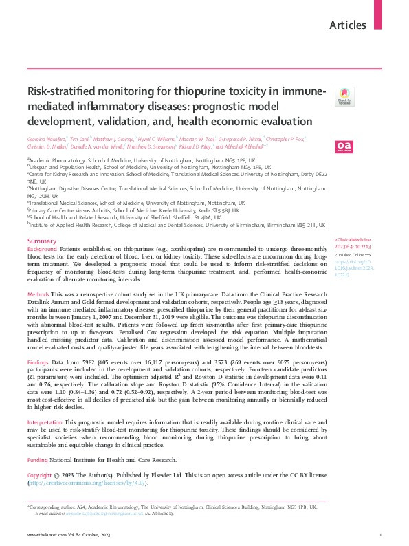 Risk-stratified monitoring for thiopurine toxicity in immune-mediated inflammatory diseases: prognostic model development, validation, and, health economic evaluation Thumbnail