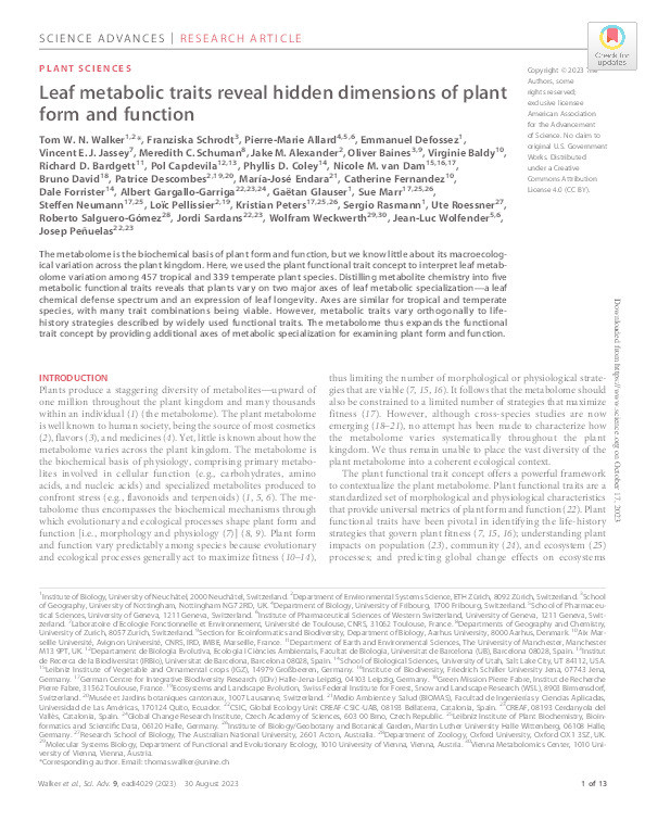 Leaf metabolic traits reveal hidden dimensions of plant form and function Thumbnail