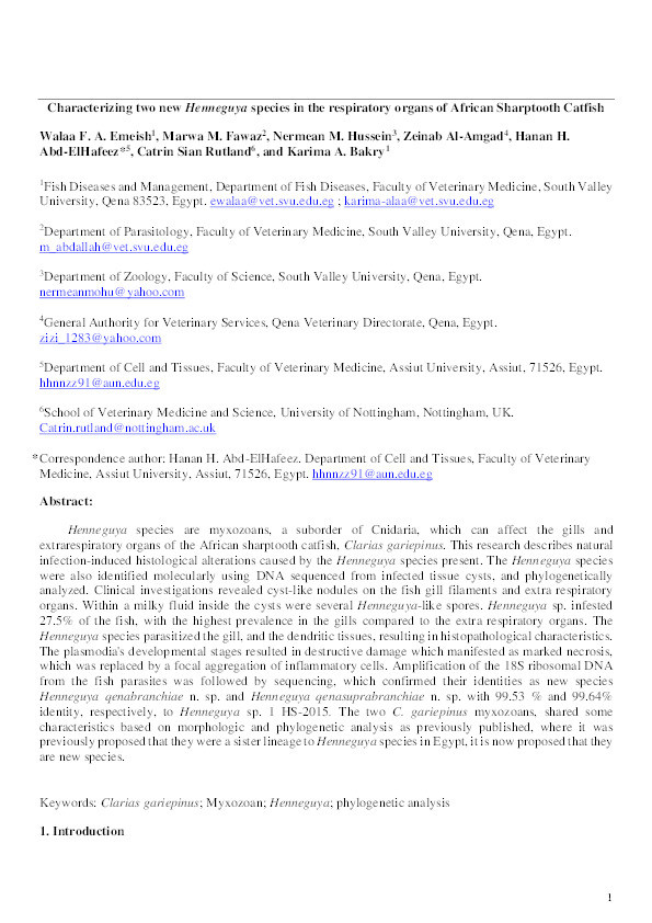 Characterizing Two New Henneguya Species in the Respiratory Organs of African Sharptooth Catfish Thumbnail