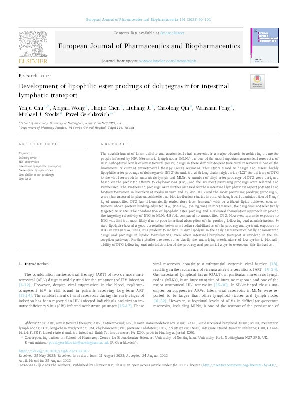 Development of lipophilic ester prodrugs of dolutegravir for intestinal lymphatic transport Thumbnail