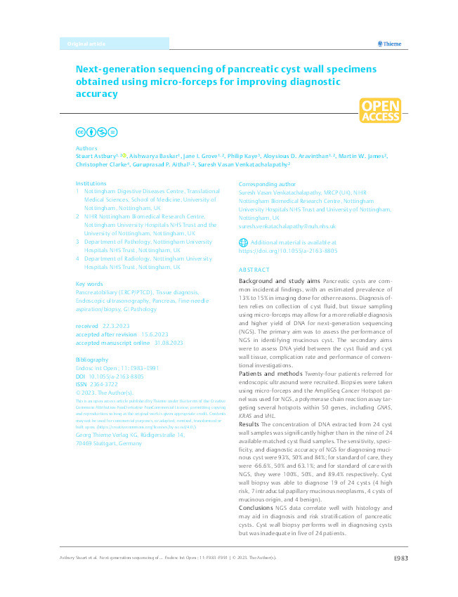 Next-generation sequencing of pancreatic cyst wall specimens obtained using micro-forceps for improving diagnostic accuracy Thumbnail