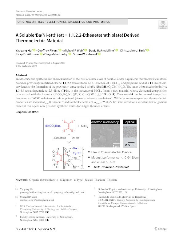 A Soluble ‘Ba(Ni-ett)’ (ett = 1,1,2,2-Ethenetetrathiolate) Derived Thermoelectric Material Thumbnail