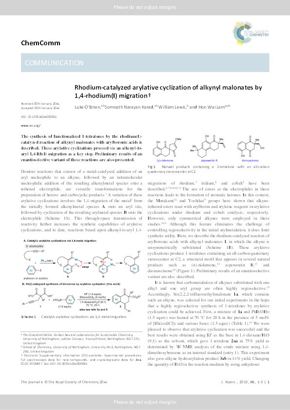 Rhodium-catalyzed arylative cyclization of alkynyl malonates by 1,4-rhodium(I) migration Thumbnail