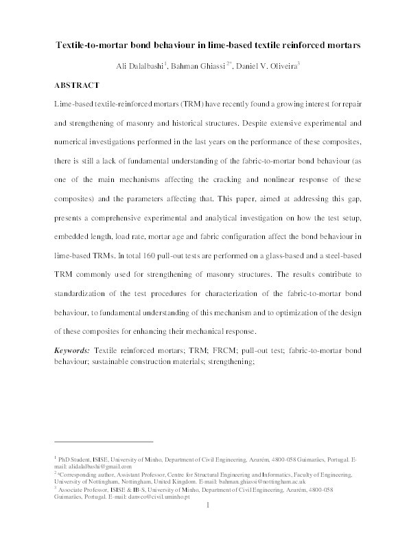 Textile-to-mortar bond behaviour in lime-based textile reinforced mortars Thumbnail