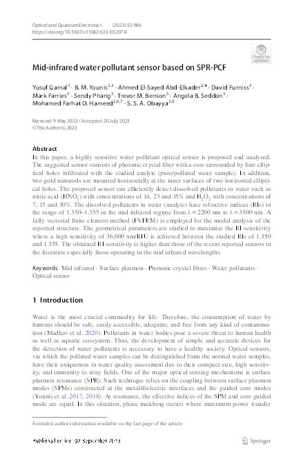 Mid-infrared water pollutant sensor based on SPR-PCF Thumbnail