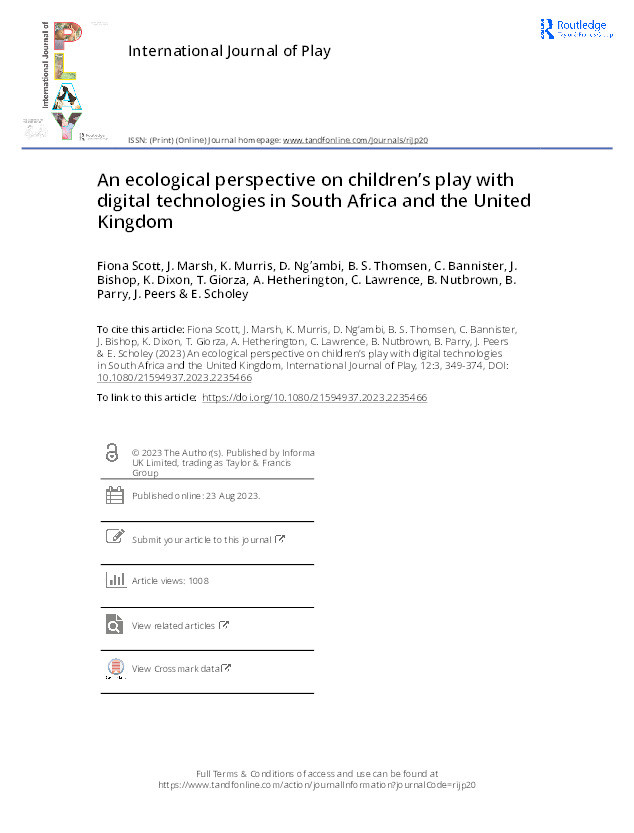 An ecological perspective on children’s play with digital technologies in South Africa and the United Kingdom Thumbnail