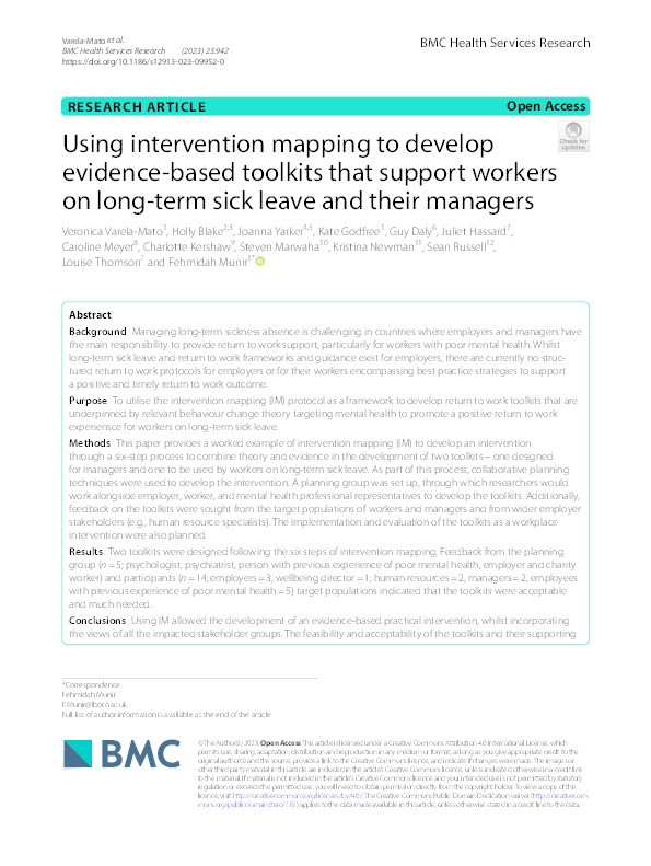 Using intervention mapping to develop evidence-based toolkits that support workers on long-term sick leave and their managers Thumbnail