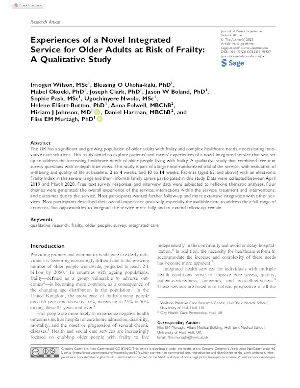 Experiences of a Novel Integrated Service for Older Adults at Risk of Frailty: A Qualitative Study Thumbnail