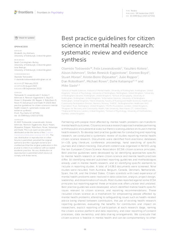 Best practice guidelines for citizen science in mental health research: systematic review and evidence synthesis Thumbnail
