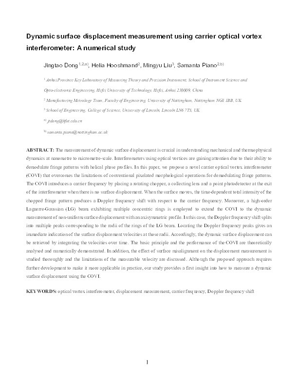 Dynamic surface displacement measurement using carrier optical vortex interferometer: A numerical study Thumbnail