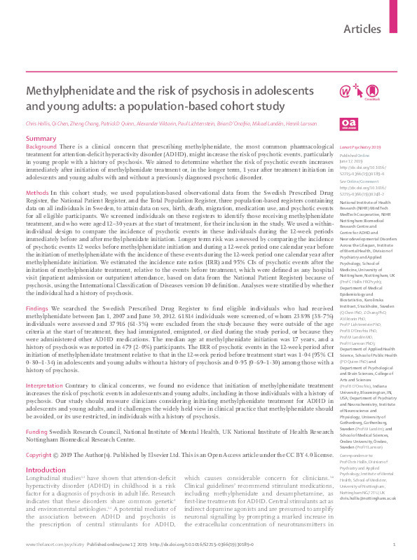 Methylphenidate and the risk of psychosis in adolescents and young adults: a population-based cohort study Thumbnail