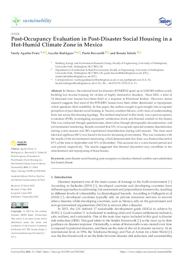 Post-Occupancy Evaluation in Post-Disaster Social Housing in a Hot-Humid Climate Zone in Mexico Thumbnail