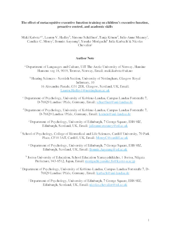 The effect of metacognitive executive function training on children's executive function, proactive control, and academic skills Thumbnail