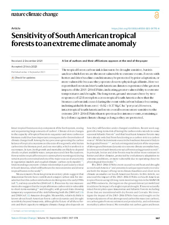 Sensitivity of South American tropical forests to an extreme climate anomaly Thumbnail