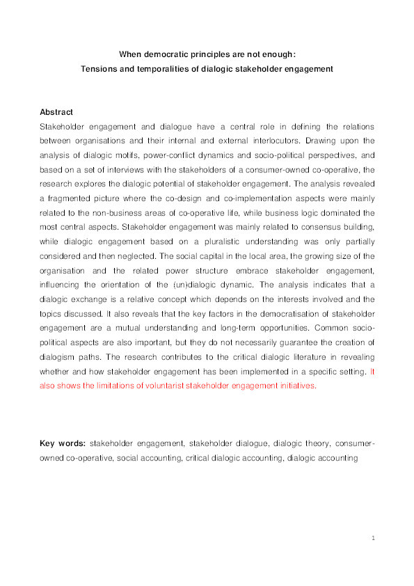 When Democratic Principles are not Enough: Tensions and Temporalities of Dialogic Stakeholder Engagement Thumbnail