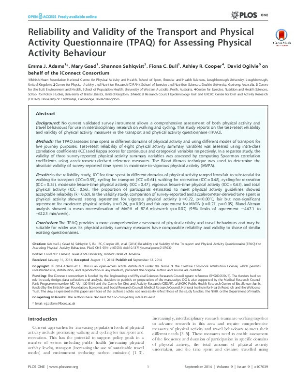 Reliability and validity of the transport and physical activity questionnaire (TPAQ) for assessing physical activity behaviour Thumbnail