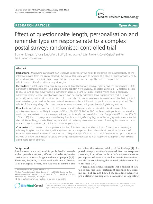Effect of questionnaire length, personalisation and reminder type on response rate to a complex postal survey: Randomised controlled trial Thumbnail