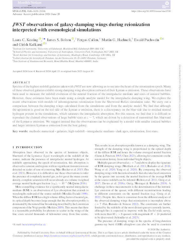 JWST observations of galaxy damping wings during reionization interpreted with cosmological simulations Thumbnail