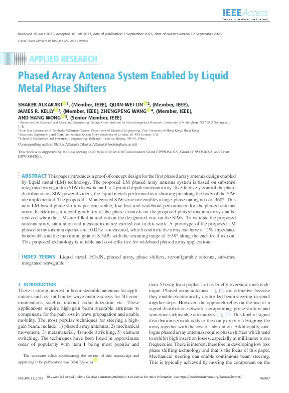 Phased Array Antenna System Enabled by Liquid Metal Phase Shifters Thumbnail