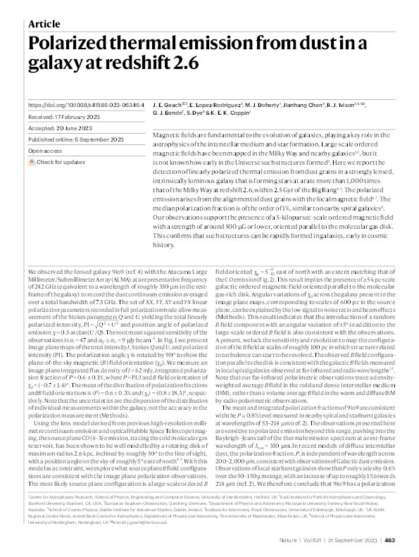 Polarized thermal emission from dust in a galaxy at redshift 2.6 Thumbnail