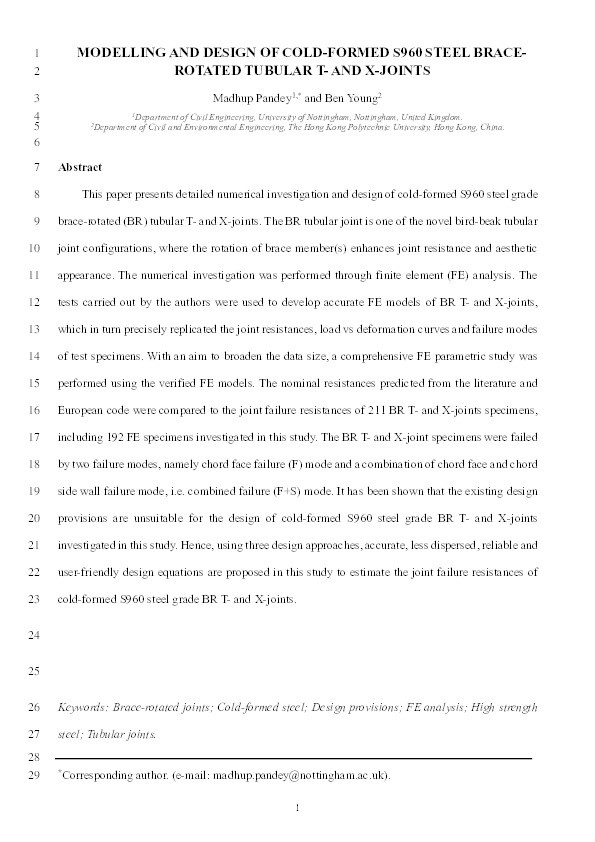 Modelling and design of cold-formed S960 steel brace-rotated tubular T- and X-joints Thumbnail