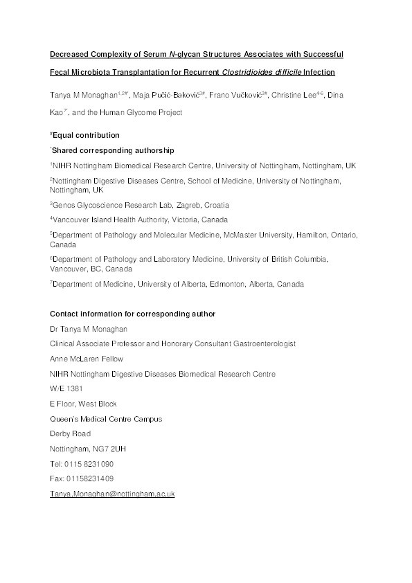 Decreased Complexity of Serum N-glycan Structures Associates with Successful Fecal Microbiota Transplantation for Recurrent Clostridioides difficile Infection Thumbnail