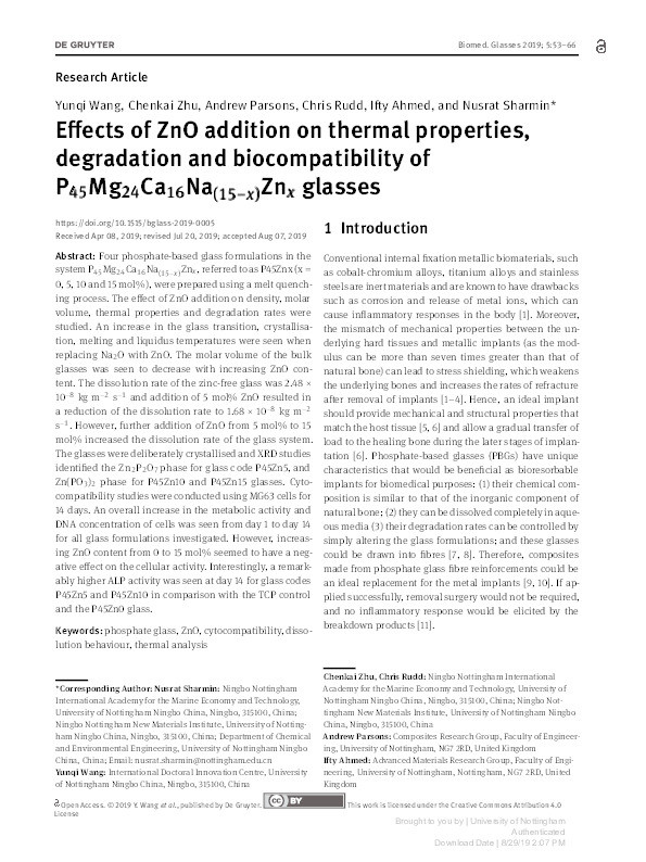 Effects of ZnO addition on thermal properties, degradation and biocompatibility of P45Mg24Ca16Na(15−x)Znx glasses Thumbnail