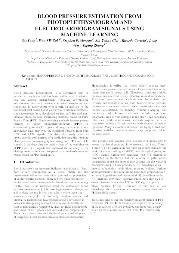 Blood pressure estimation from photoplethysmogram and electrocardiogram signals using machine learning Thumbnail