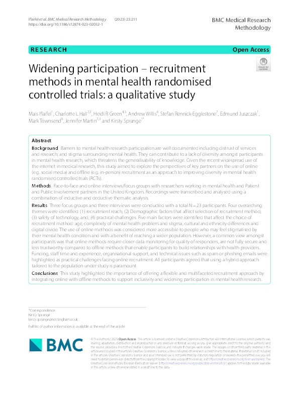 Widening participation – recruitment methods in mental health randomised controlled trials: a qualitative study Thumbnail
