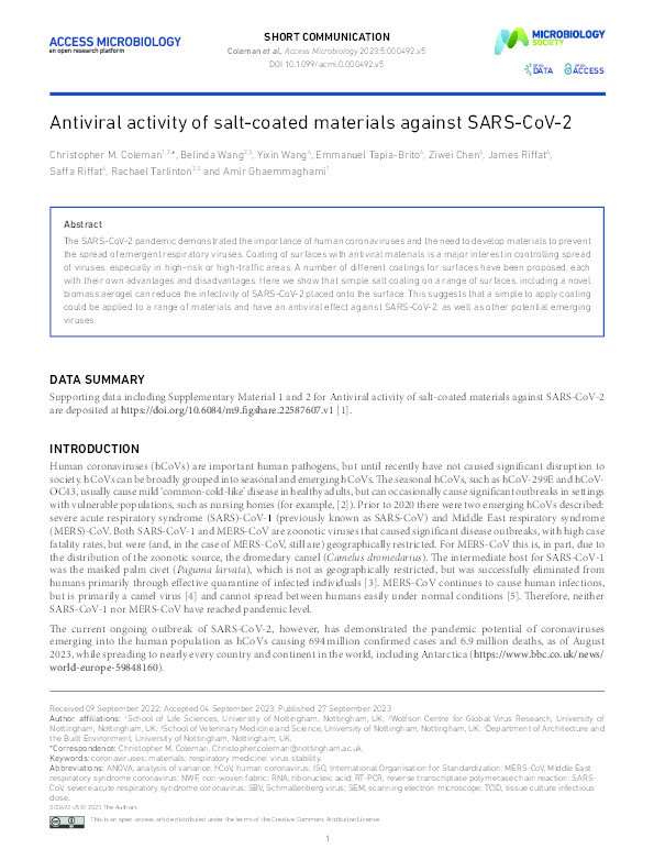 Antiviral activity of salt-coated materials against SARS-CoV-2 Thumbnail