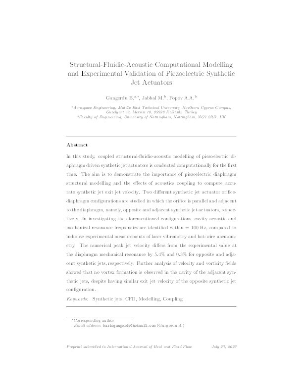 Structural–fluidic–acoustic computational modelling and experimental validation of piezoelectric synthetic jet actuators Thumbnail