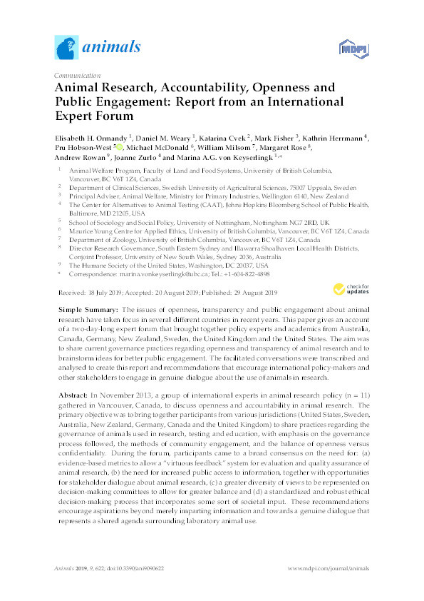 Animal Research, Accountability, Openness and Public Engagement: Report from an International Expert Forum Thumbnail