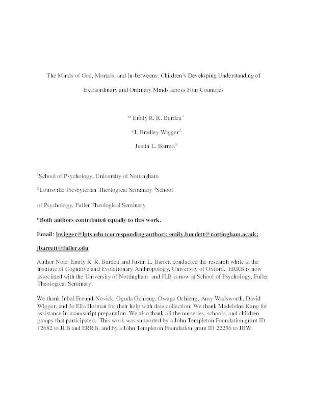 The Minds of God, Mortals, and In-betweens: Children's Developing Understanding of Extraordinary and Ordinary Minds across Four Countries Thumbnail