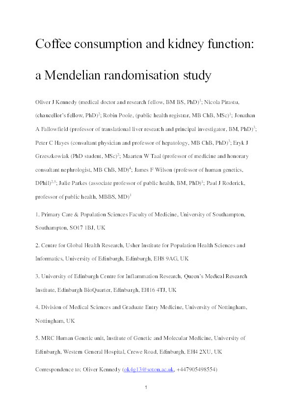 Coffee Consumption and Kidney Function: A Mendelian Randomization Study Thumbnail