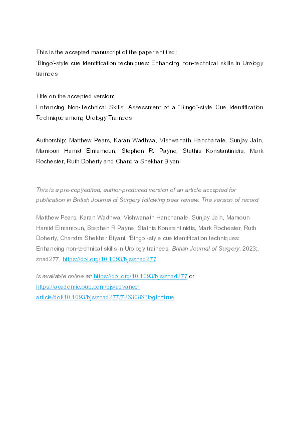 ‘Bingo’-style cue identification techniques: enhancing non-technical skills in urology trainees Thumbnail