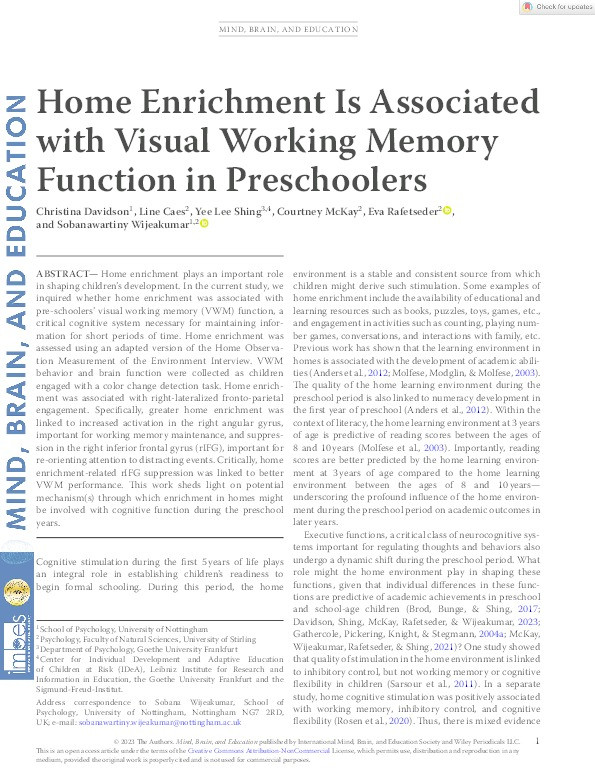 Home enrichment is associated with visual working memory function in preschoolers Thumbnail